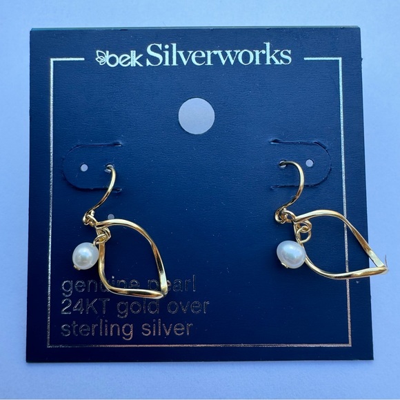 NEW! Women’s Genuine Pearl 24KT Gold Sterling Silver Earrings by Silverworks NWT - Picture 2 of 5